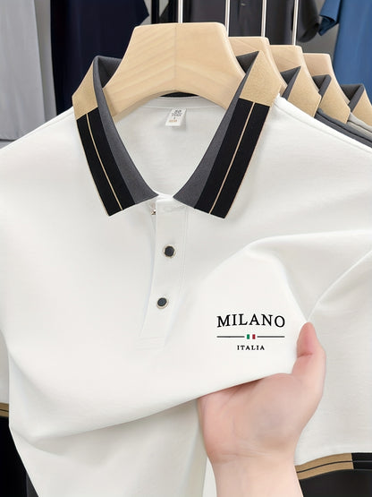 Camisa POLO ligera y suave para hombre con estampado 'MILANO ITALIA' | Ropa transpirable de verano casual y de negocios, corte regular, cuello con botones, ideal para vacaciones y uso diario, diseño de contraste de moda, tejido suave